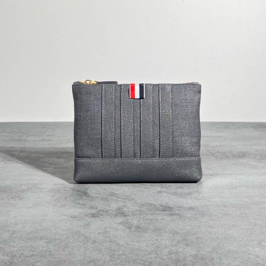 THOM BROWNE 4-Bar Stripes Zip Small Pouch Pochette Clutch Bag in Fabric Wool x Leather