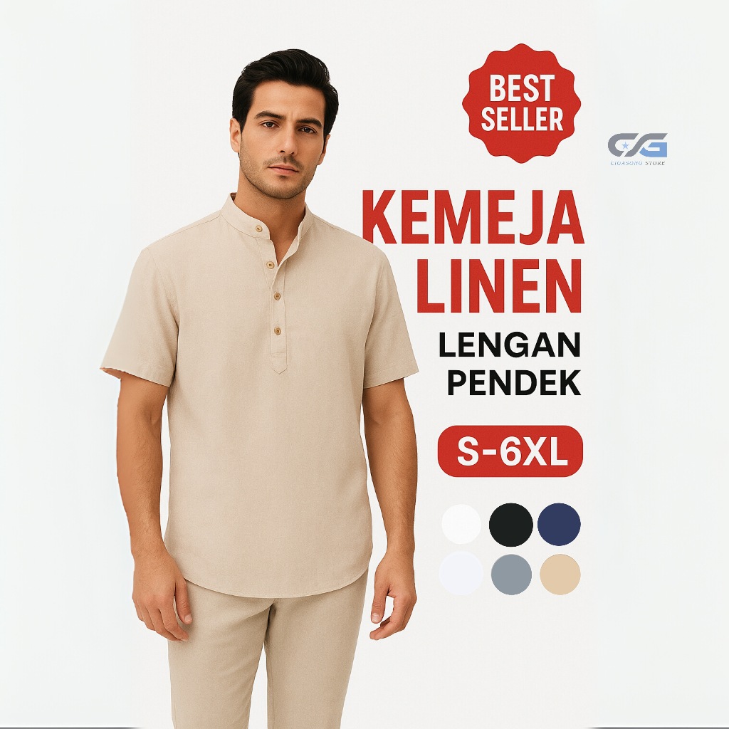 Kemeja Linen Pria Lengan Pendek, Atasan Linen Pria Tangan Pendek, Linen Big Size, Jumbo Men's Shirt