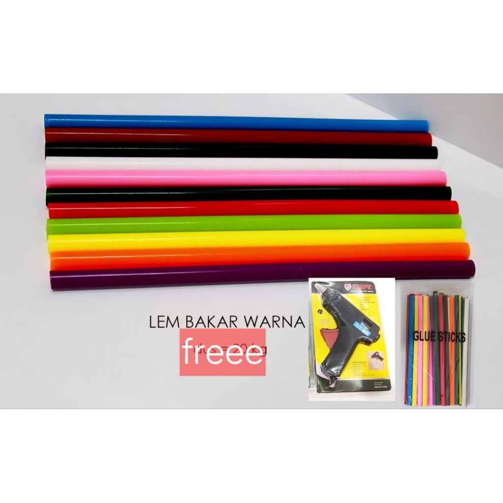#lem bakar besar warna ,panjang 25 cm ,isi 1pak 40 stok bonus alat lem bakar besar