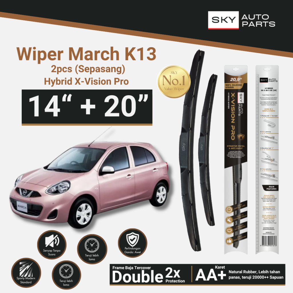 SKY Sepasang Hybrid Wiper Kaca Mobil March K13 14 + 20 Inci - Hybrid X-Vision Pro