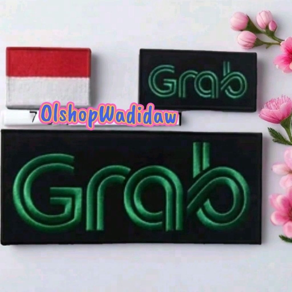 Emblem Logo Bordir Grab Hitam Benang hijau lis Hitam Sepaket 3pc bordir Komputerr