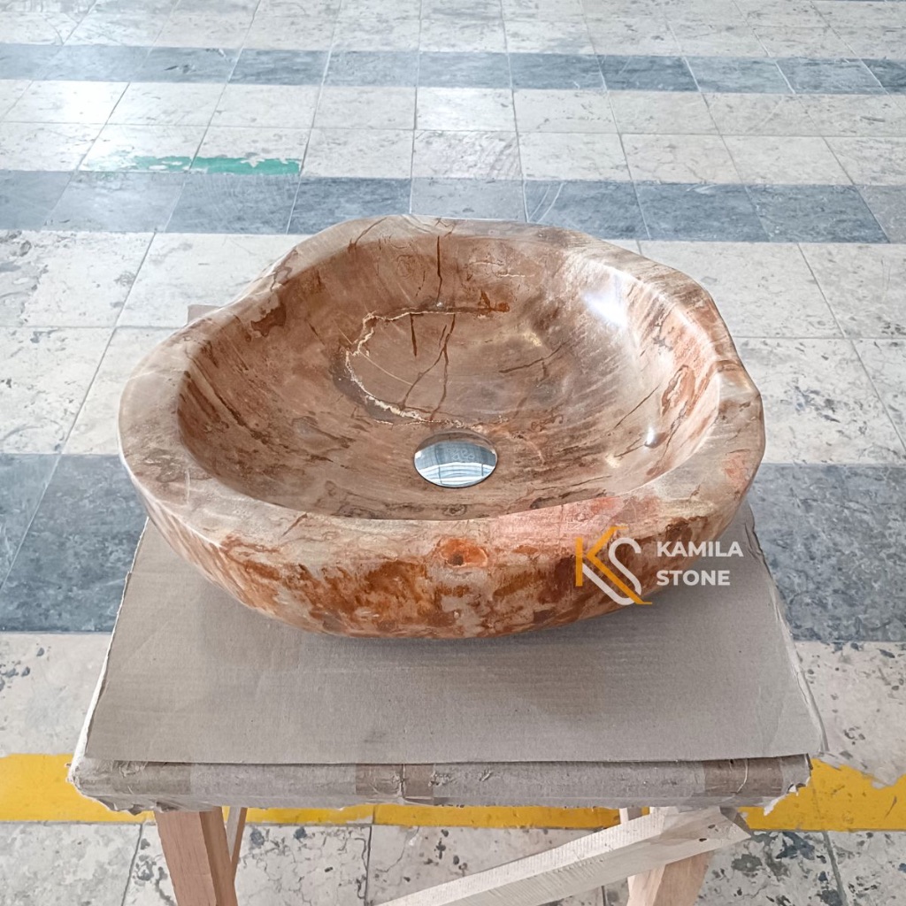 Kamila Stone | Wastafel Batu Fosil Natural Aesthetic Ukuran 40cm Free Packing Kayu
