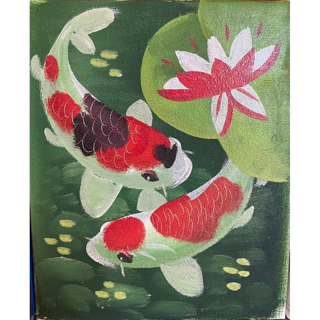 lukisan ikan Koi, Ukuran 10r, lukisan canvas buatan tangan, lukisan asli