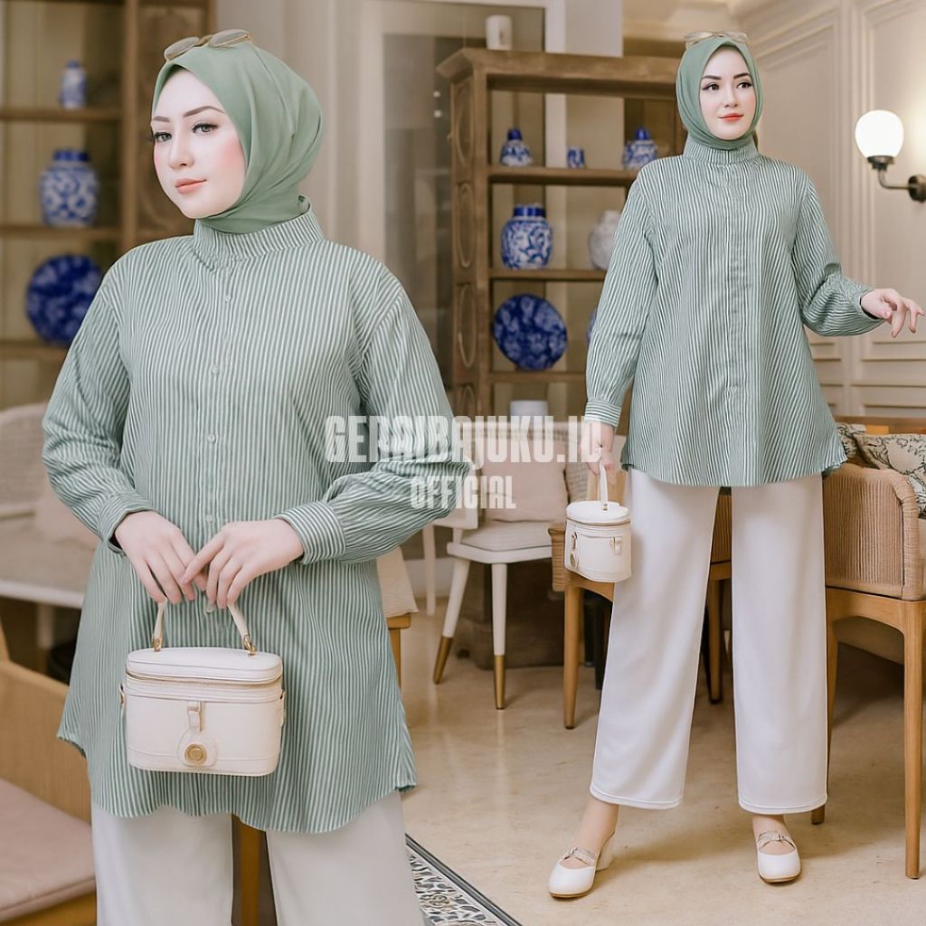 NEW DEALS Shireen Tunik Stripe Atasan Tunik Panjang Wanita Muslim Remaja Dewasa Katun Salur