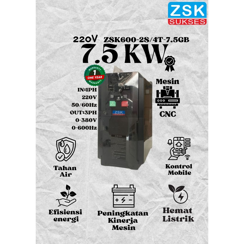 ZSK Inverter VFD / Elektronik VFD / Frequency Converter  7.5 KW Input 1PH 220V Output 3PH 380V