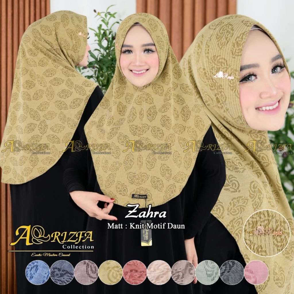 ZAHRA - Jilbab Bergo Knit Daily Motif Daun Pet Sabit Zahra Ori Arrizfa Hijab