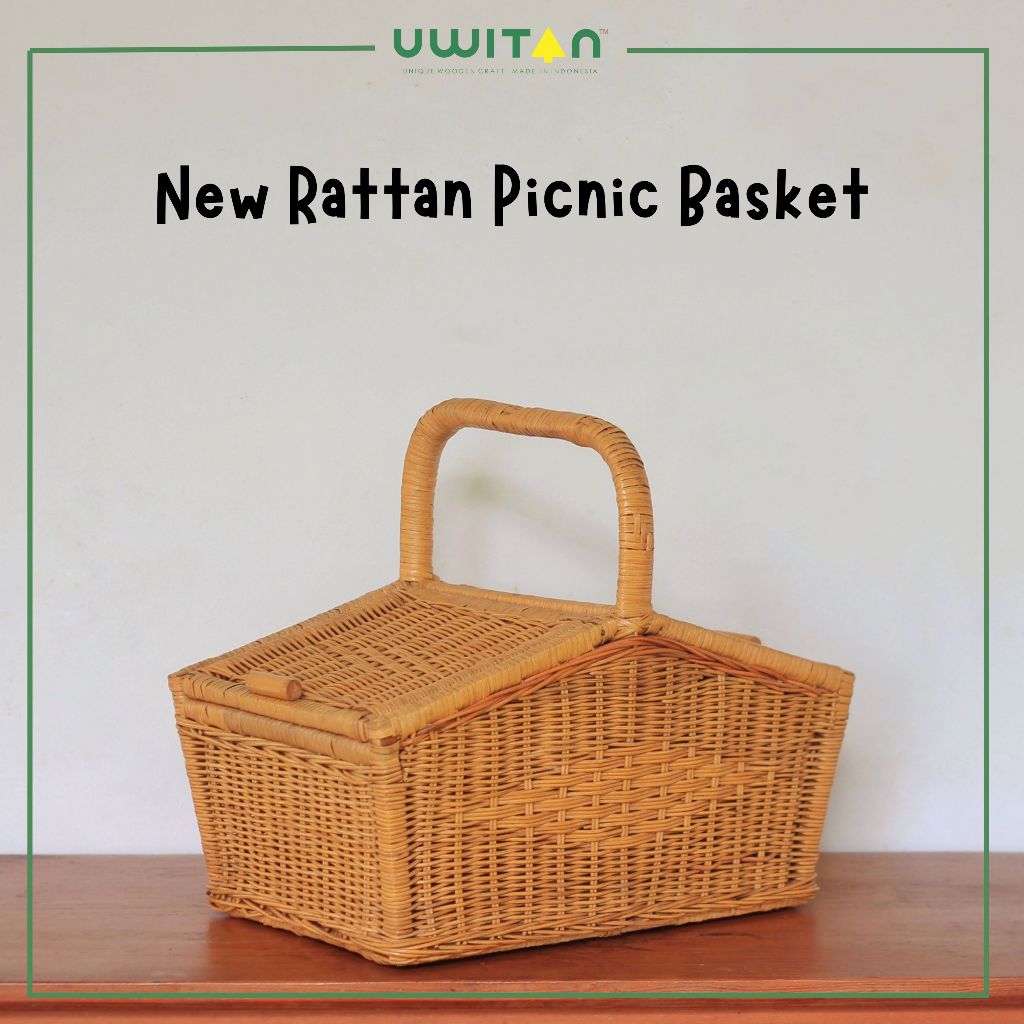 Uwitan New Rattan Picnic Basket – Keranjang Piknik Aesthetic Rotan Minimalis Natural Anyaman Kecil W