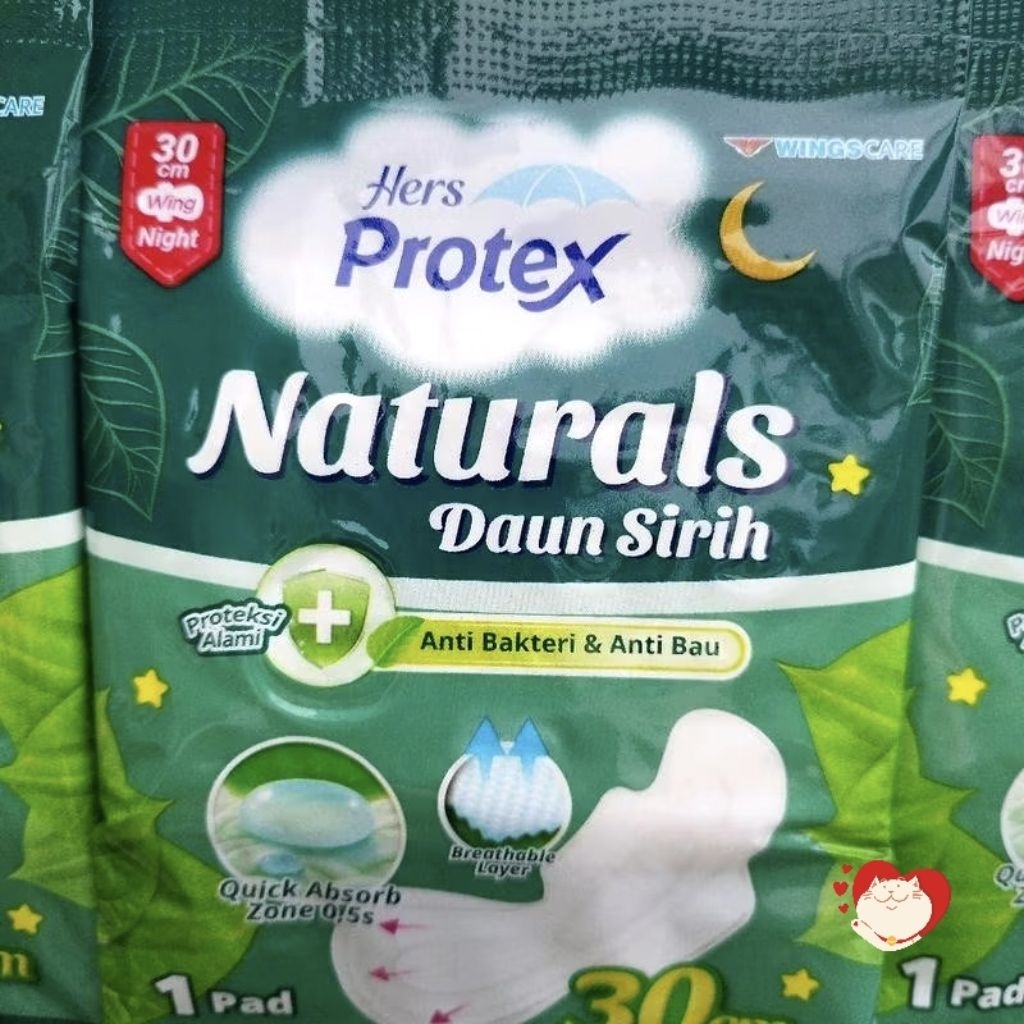 Pembalut wanita naturals Daun sirih 30cm (wing/sayap) Hers Protex Daun sirih 30cm isi 50 renceng