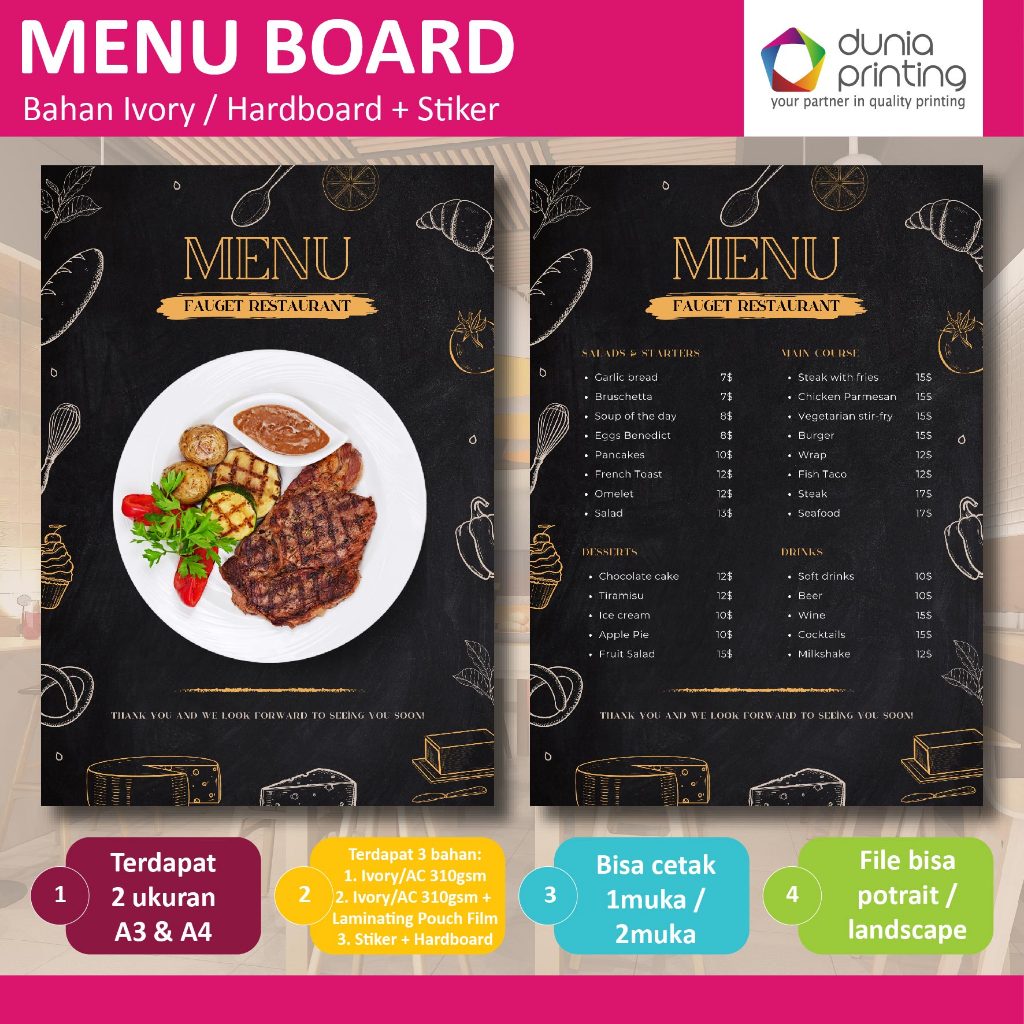 Cetak Daftar Menu Board / Menu Resto A3 - A4