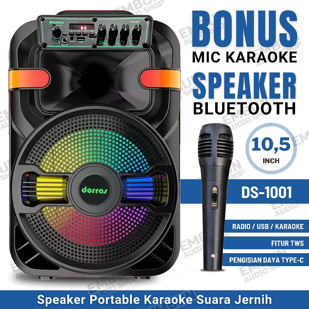 Speaker 10,5 Inch Bonus Mic Kabel Karaoke Suara Jernih Dorras DS-1001 / Speaker Bluetooth Extra Bass