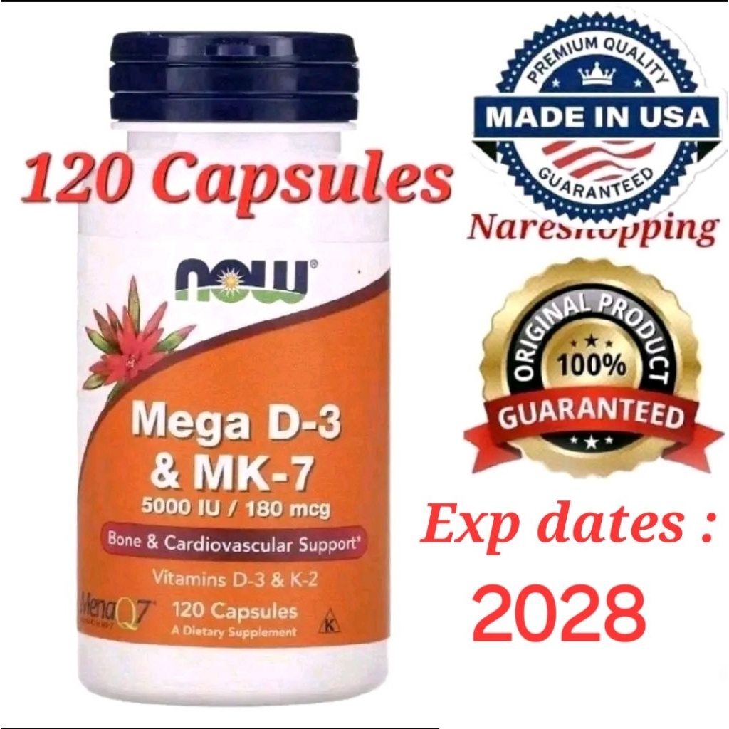 Now Foods Mega D-3 & MK-7 180 mcg (5000 IU) 120 Capsules Halal d3 mk7