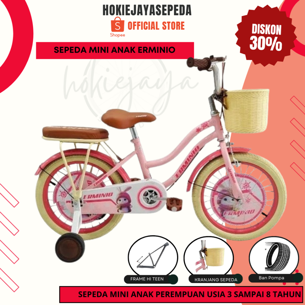 Sepeda Anak Perempuan ERMINIO 218 size 12 16 18 Inch model retro terbaru Kranjang Boncengan Roda sam