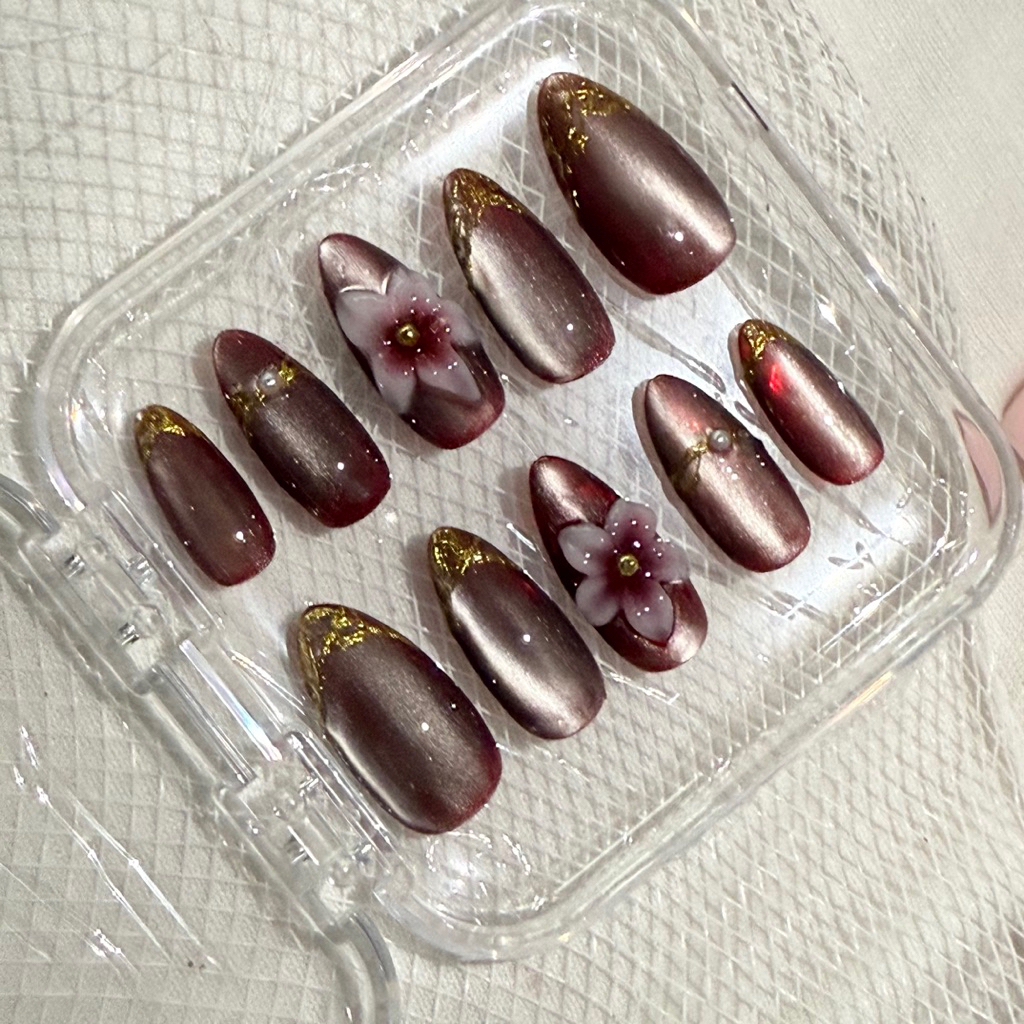 Press On Nails Cat Eye Maroon 3D Flower/ Cat Eye Merah Maroon/ Kuku Palsu Merah Maroon
