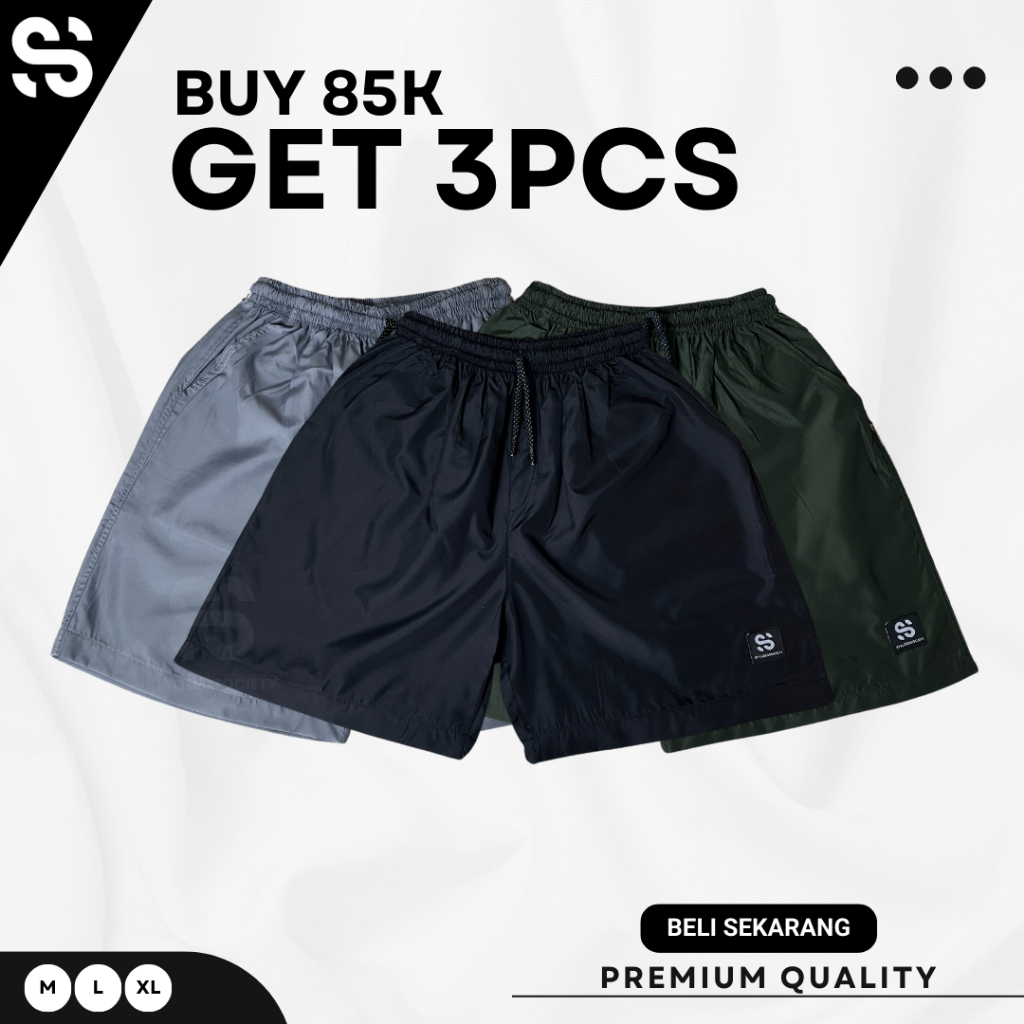 Promo 3Pcs Celana Pendek Pria Santai - Boardshort Hitam Polos - Kolor Boxer Pria Premium