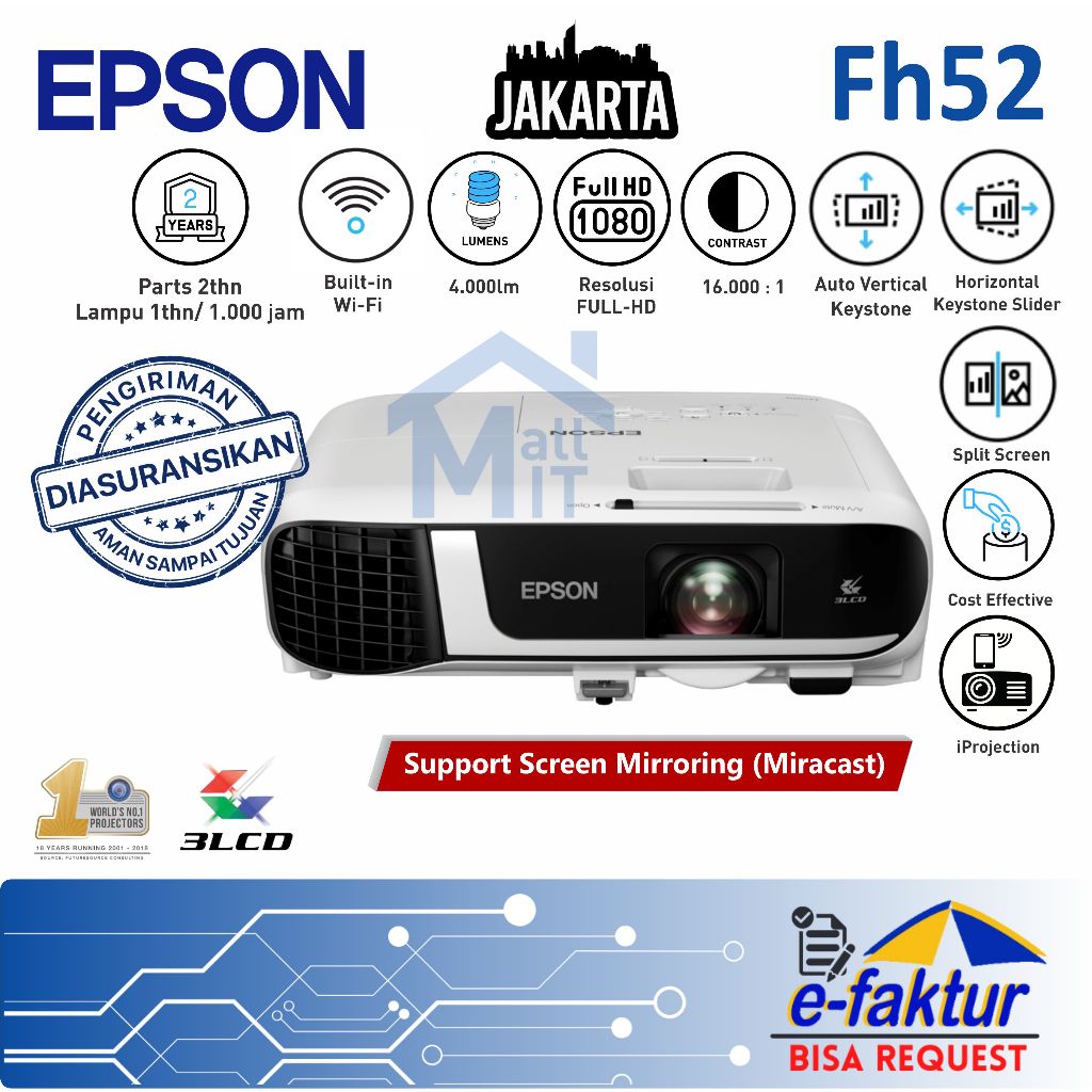 MALLIT EPSON Proyektor EPSON EB-FH54 EB FH54 EBFH54 WiFi Direct Wireless 4.100 Lumens Full HD 3LCD P