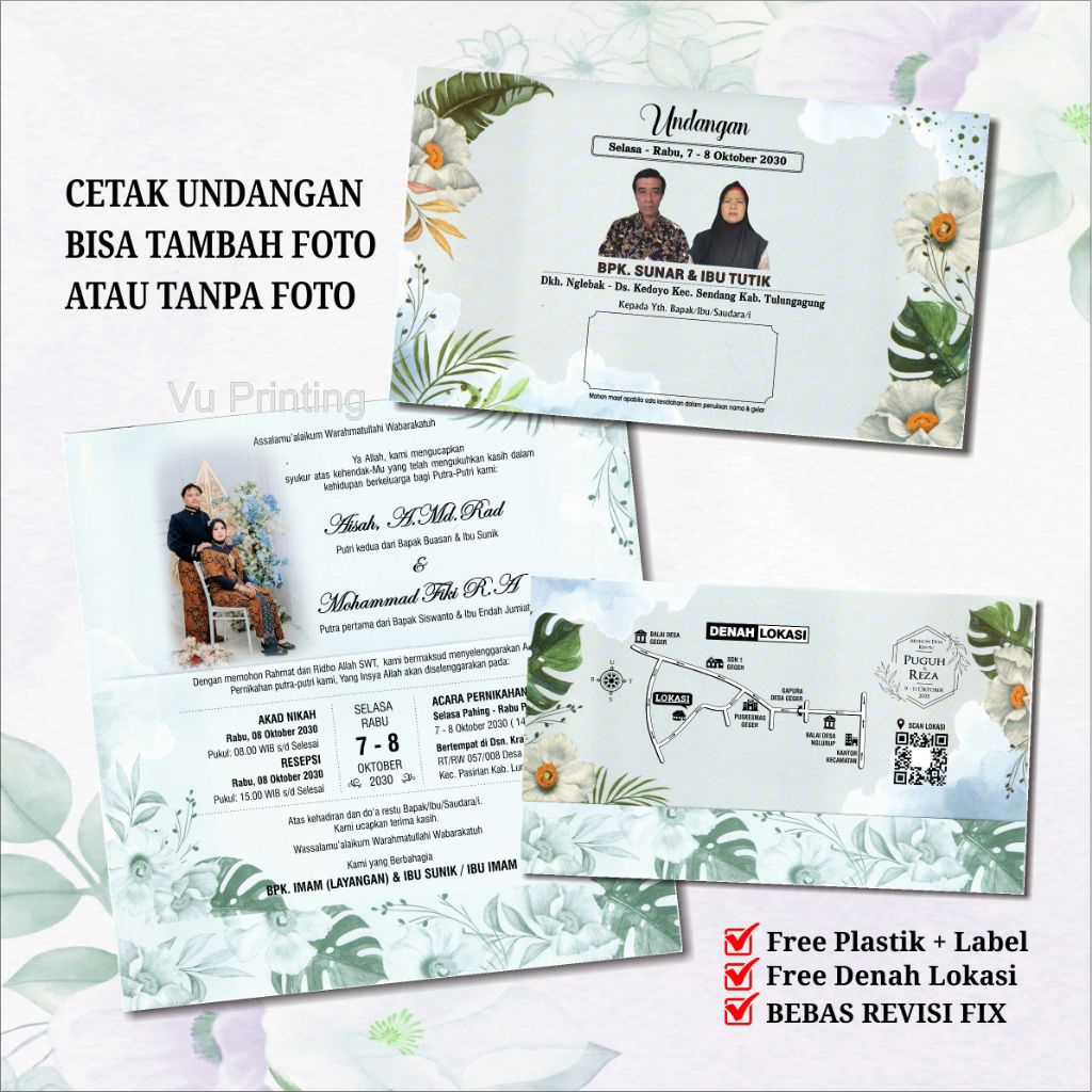 Cetak Undangan Cerah Elegan Floral Bunga Foto Orang Tua Prewed Khitan Nikah