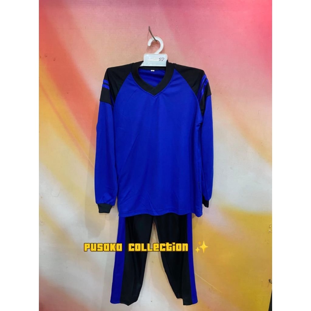 setelan kaos olahraga anak SD biru kombinasi hitam