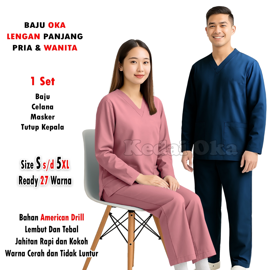 Baju Oka Lengan Panjang - Seragam Jaga perawat / Dokter / Bidan - Scrub Medis Ukuran Jumbo - Model