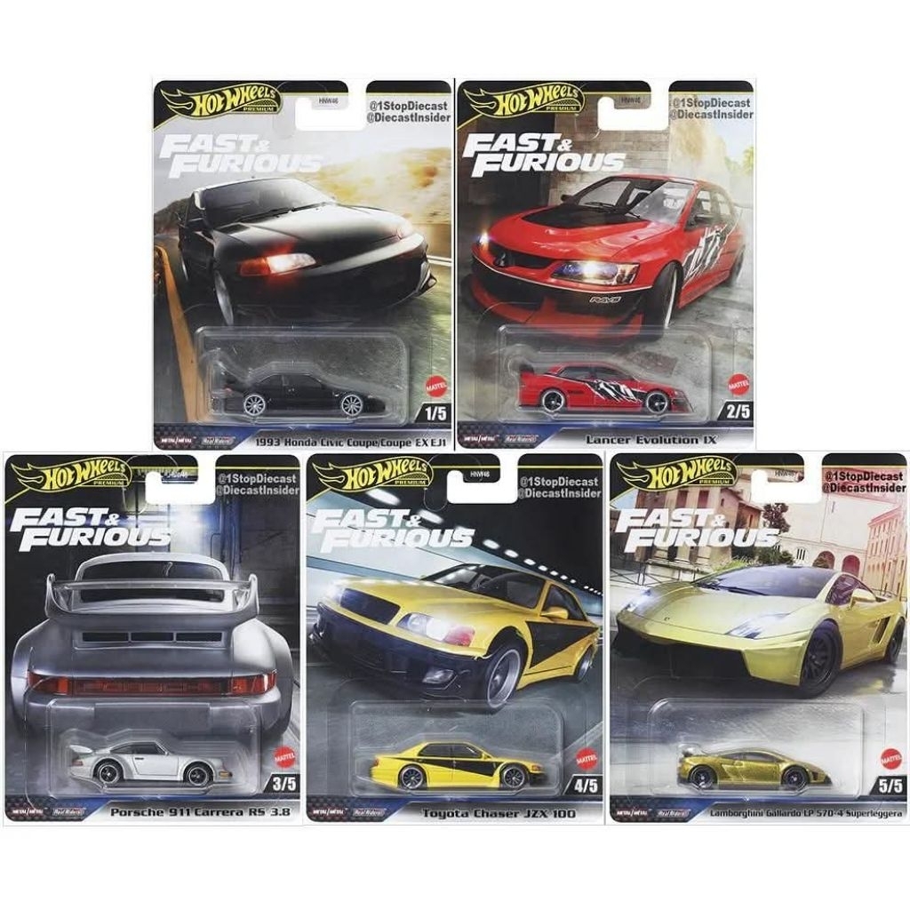 Hotwheels Premium Fast Furious Lancer Evo Civic EJ1 Porsche Lamborghini Gallardo Toyota Chaser
