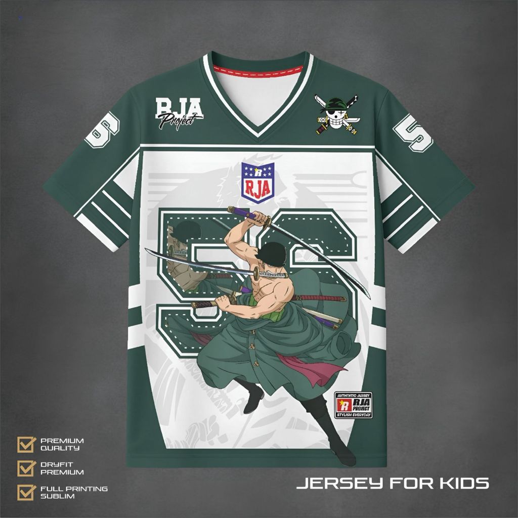 Jersey Anak Cowok Anime One Piece Zoro Trend Full Printing | Baju Jersey Anak Premium Zoro One Piece