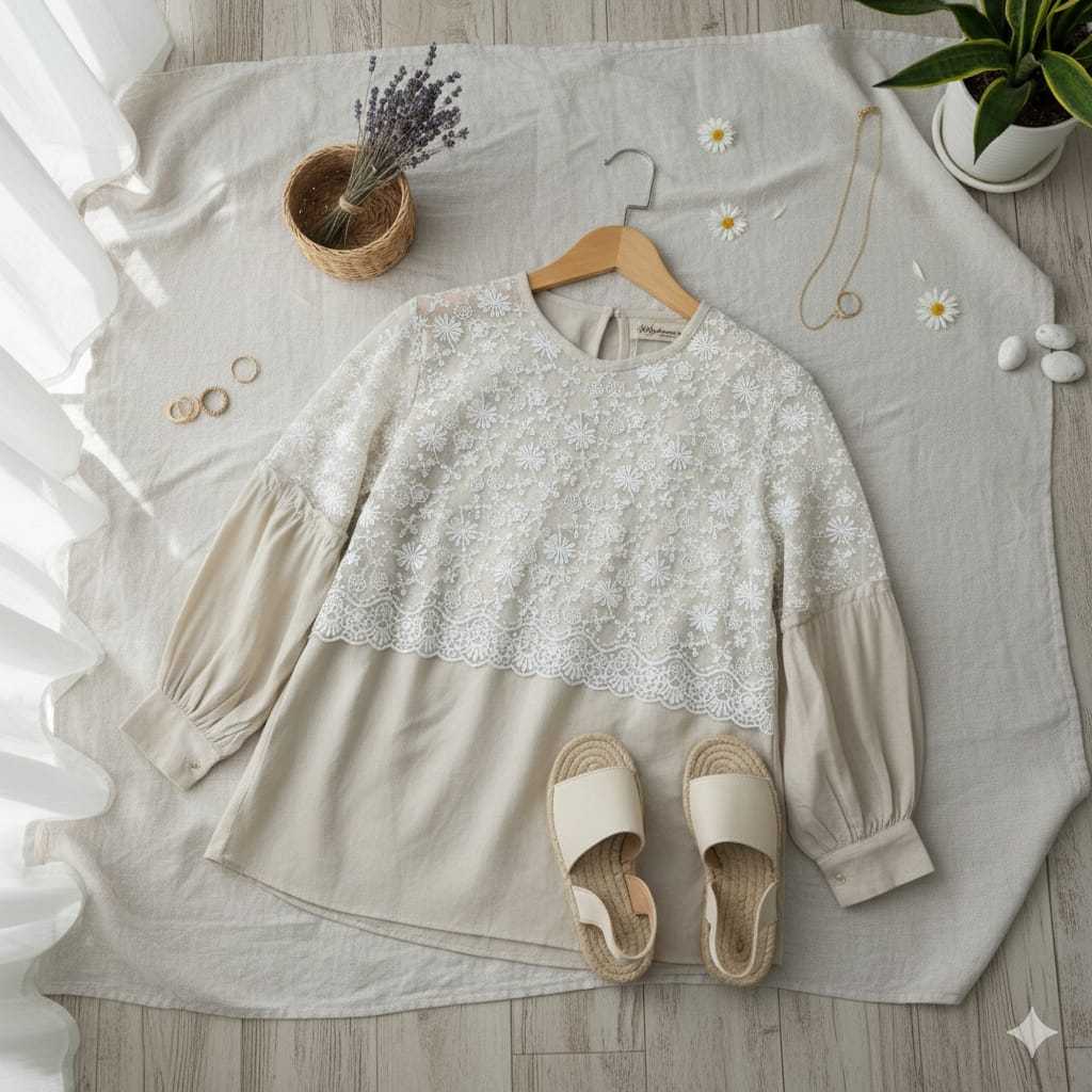 Blouse Wanita Lace Putih Lengan Balon Korean Style Atasan Vintage Premium Elegant