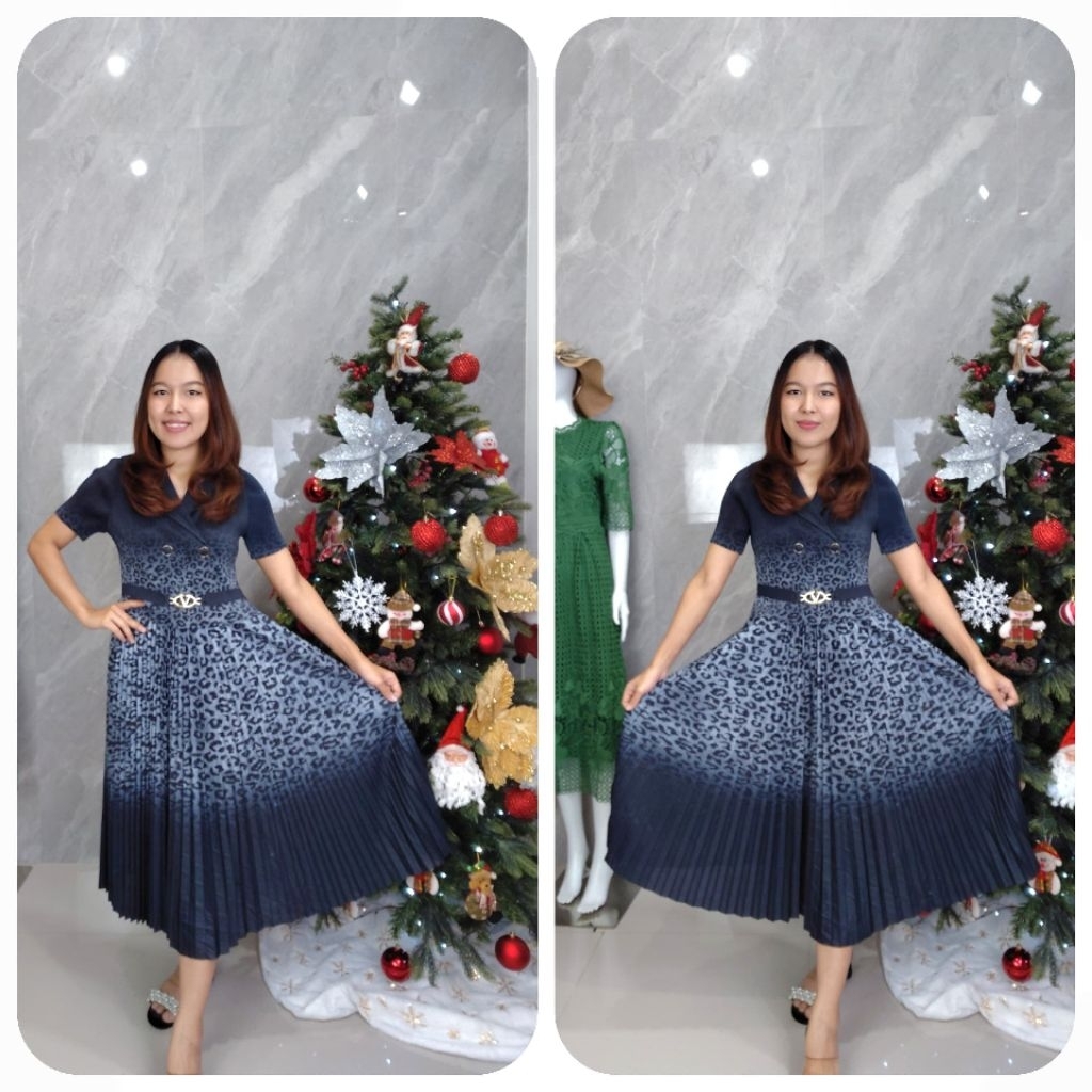 Dress Plisket Motif Macan Navy 71214/Dress Plisket Premium Formal JeshopFashionPremium