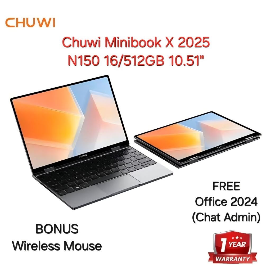 Chuwi 2025 Minibook X 10.5" 16/512GB Laptop Yoga 360° 2K Intel Twin Lake N150 Windows 11 (Support Pe
