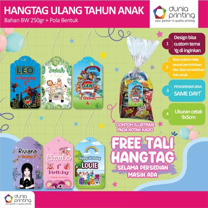 Hang Tag Bentuk Ulang Tahun Anak // Hang Tag custom 1 sisi // Tag Label Hampers Ulang Tahun Anak