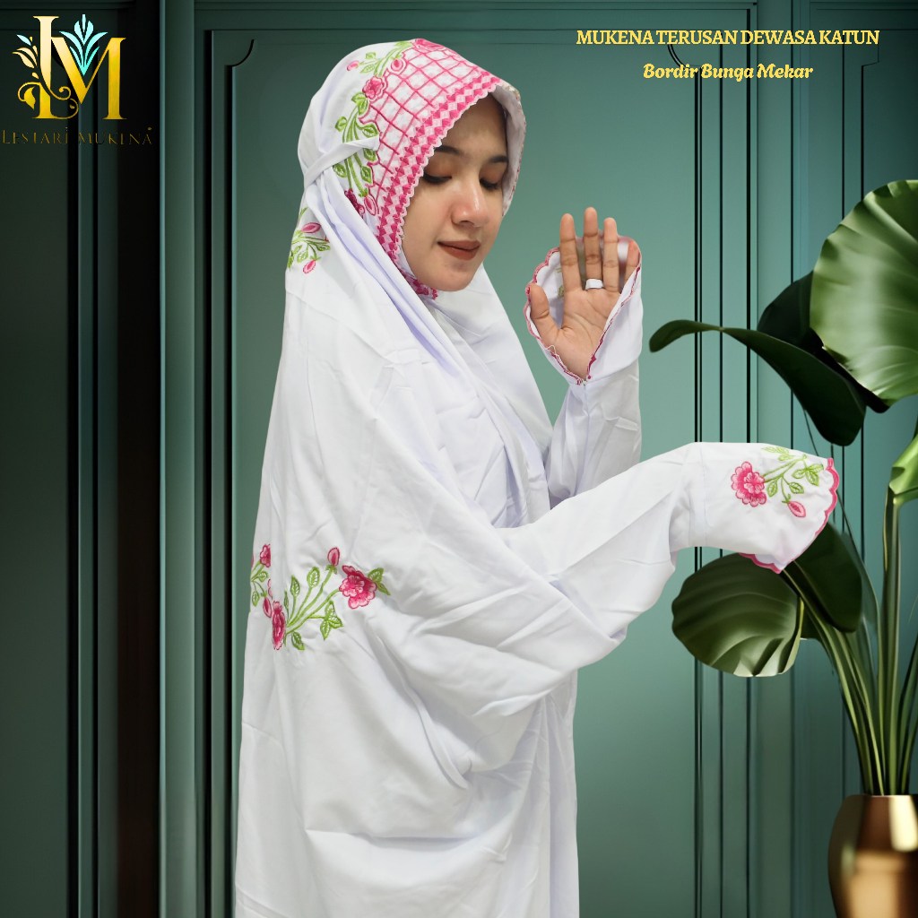 Mukena Terusan Dewasa Katun Polino Motif Bordir Bunga Mekar Indah