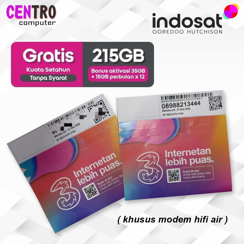 Kartu Perdana 3 Indosat Ooredoo Free Kuota  215GB 1 Tahun  ( KARTU INI KHUSUS UNTUK MODEM/ROUTER HIF