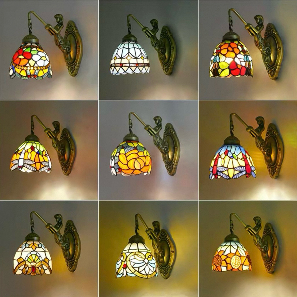 Lampu besi samping tempat tidur kamar tidur gaya Eropa, dudukan lampu dinding kaca, cermin bundar, l