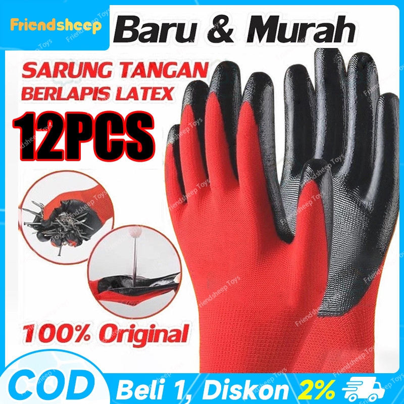 [12 Pasang] SARUNG TANGAN LUPO NYLON LATEX PALM FIT ANTI SLIP KACA ANTI GORES SAFETY HAND GLOVES