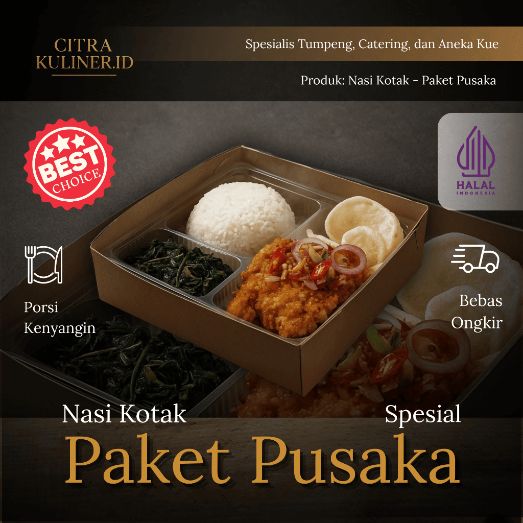 

Nasi Kotak Paket Pusaka: Nasi + Ayam Fillet Sambal Matah + Tumis Daun Pepaya + Kerupuk Bawang. Bebas Ongkir