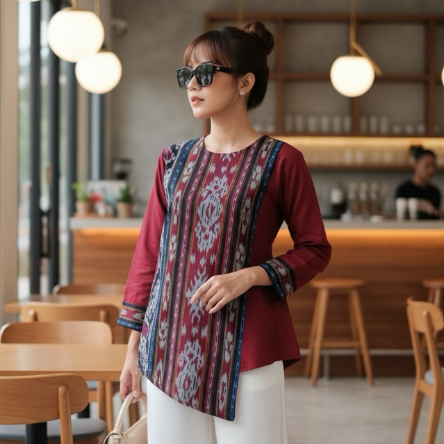 Shanaya Baju Batik Wanita Blus Marun Navy Tenun Belakang Toyobo Batik Kerja Batik Kuliah Resmi Kasua