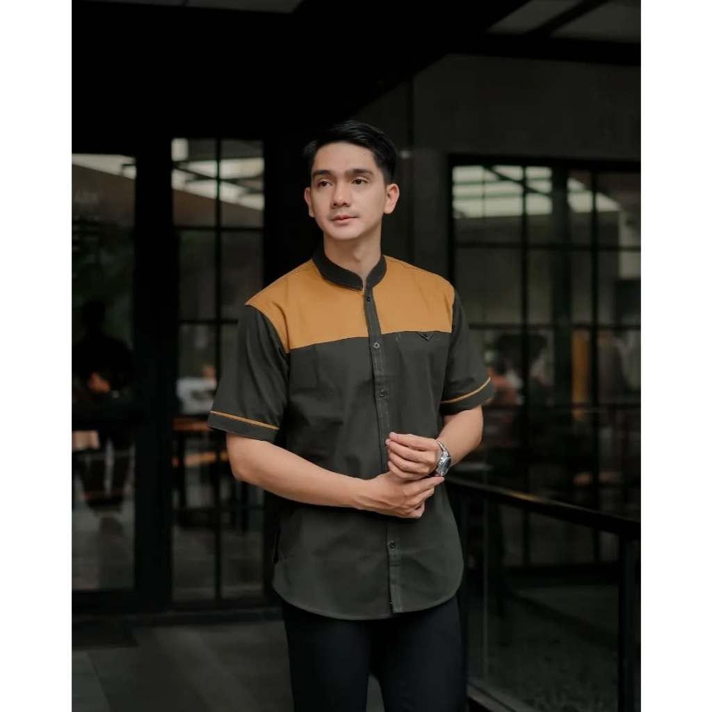 baju koko couple ayah dan anak warna kuning kunyit dan hijau tua lebaran 2026