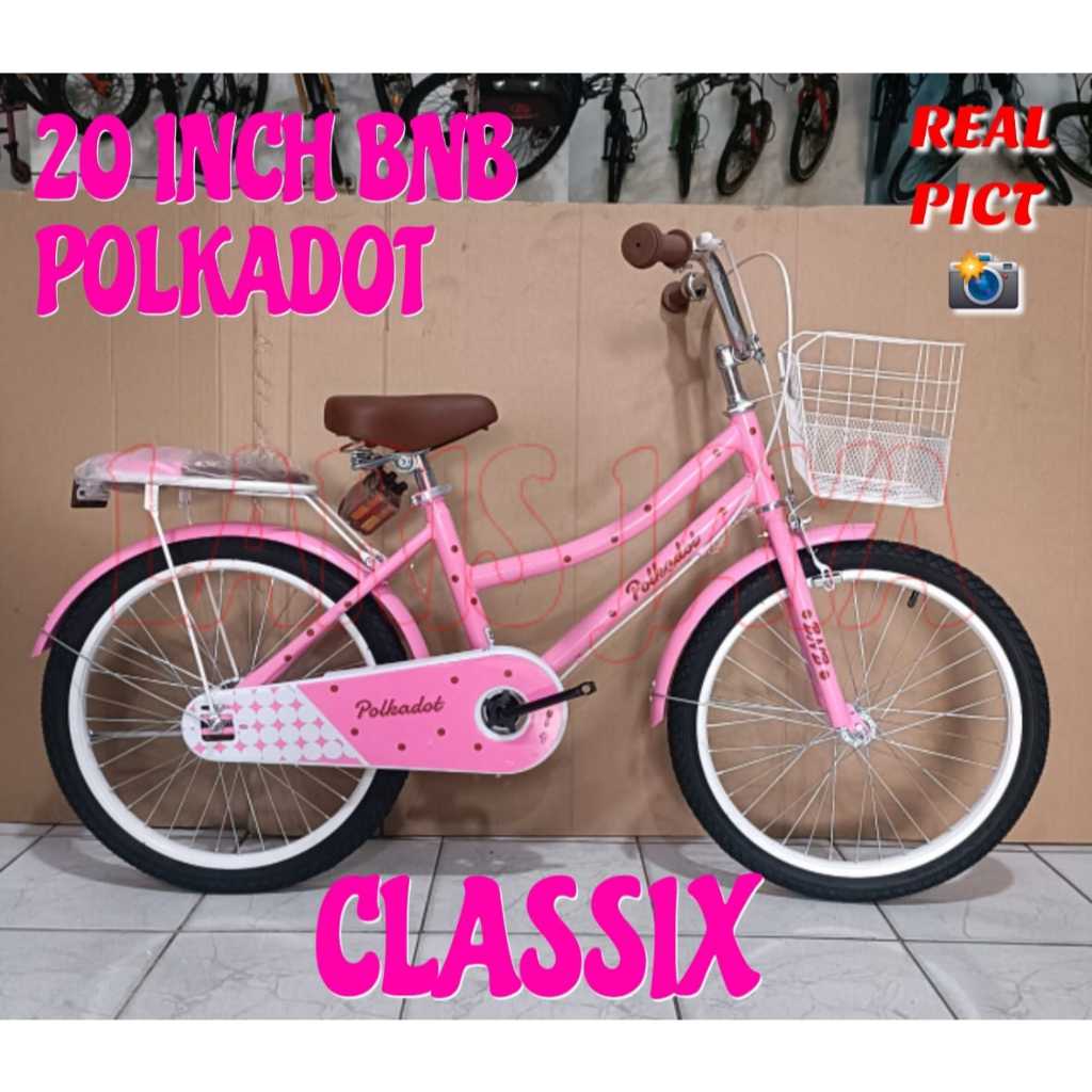 Sepeda Mini 20 BNB Polkadot Swan Anak Perempuan Keranjang Boncengan sepeda anak perempuan BNB 20 in