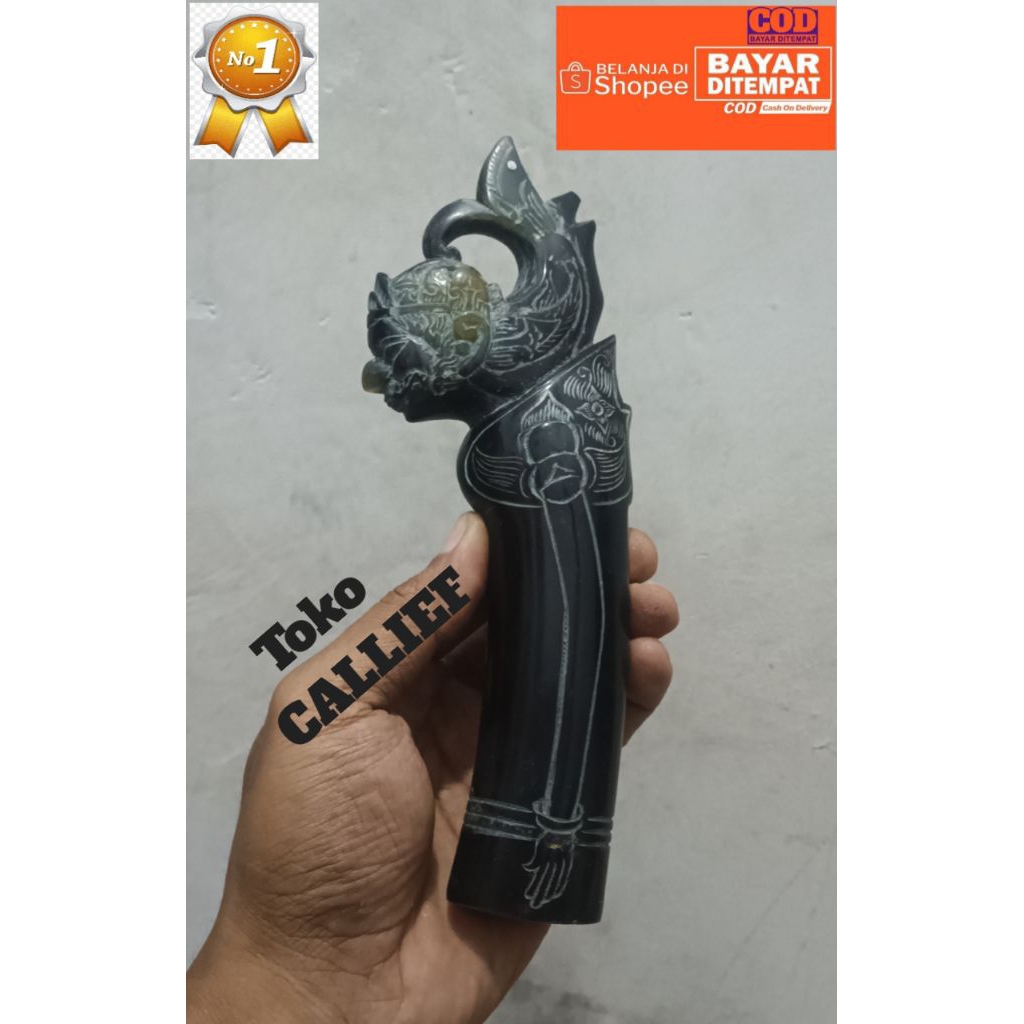 gagang golok bahan tanduk ukiran wayang arjuna