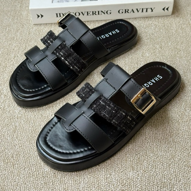 sharqia-Sandal Kasual Wanita Model Terbaru Anti Slip Sendal Flatbed Cewek Karet ban 3 gesper motif k