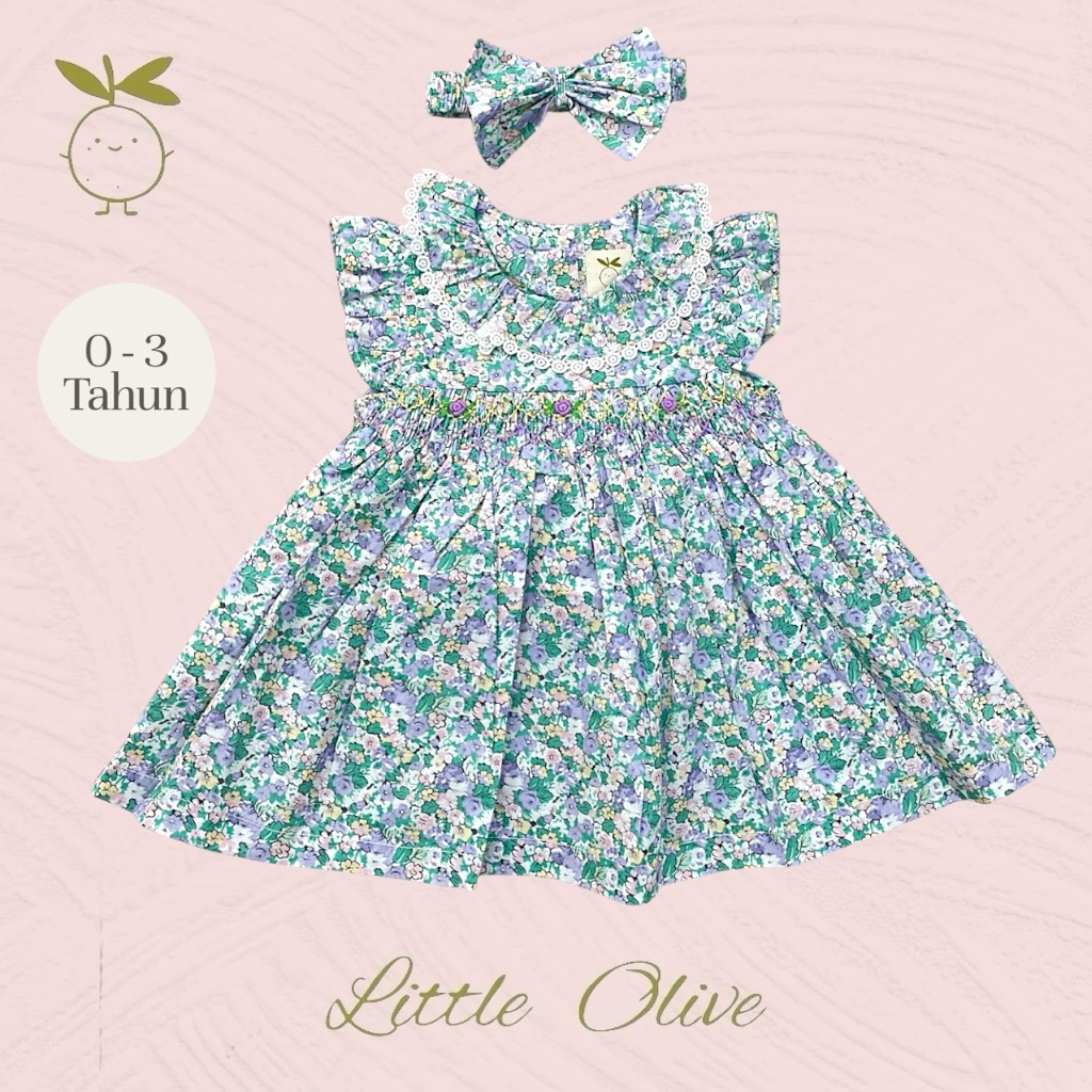 Little Olive- Aqua Dress | 0-3 Tahun | Dress Anak Newborn | Baju Bayi | Motif Bunga Floral Premium