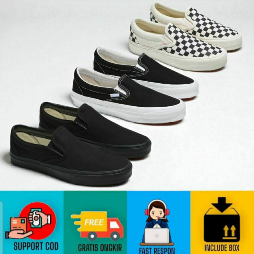 Bisa COD Sepatu Sneakers Tanpa Tali Kasual Sekolah Hitam Polos Putih Selop Slop Flat Pria Wanita SMP