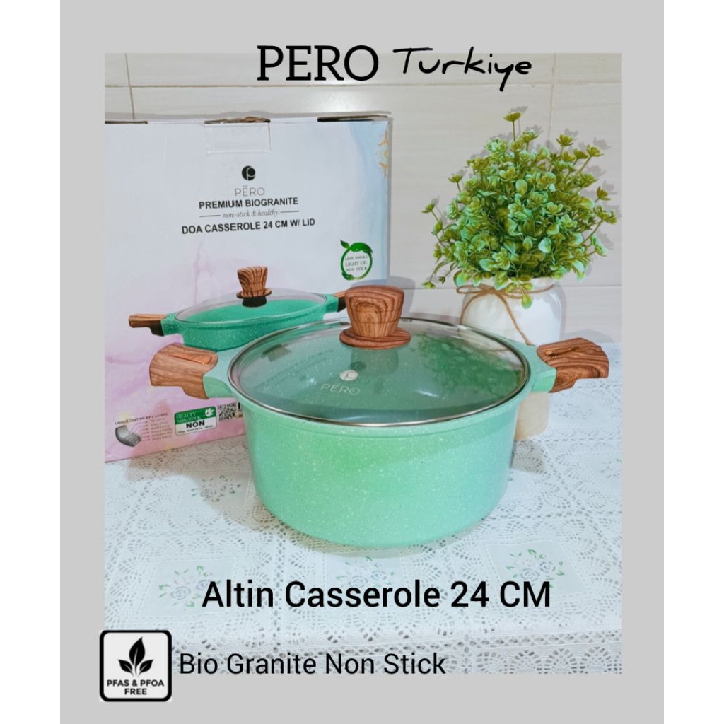 PERO Altin Biogranite Casserole With Lid 24 Cm Mint / Panci Dengan Tutup Kaca With Induction Bottom