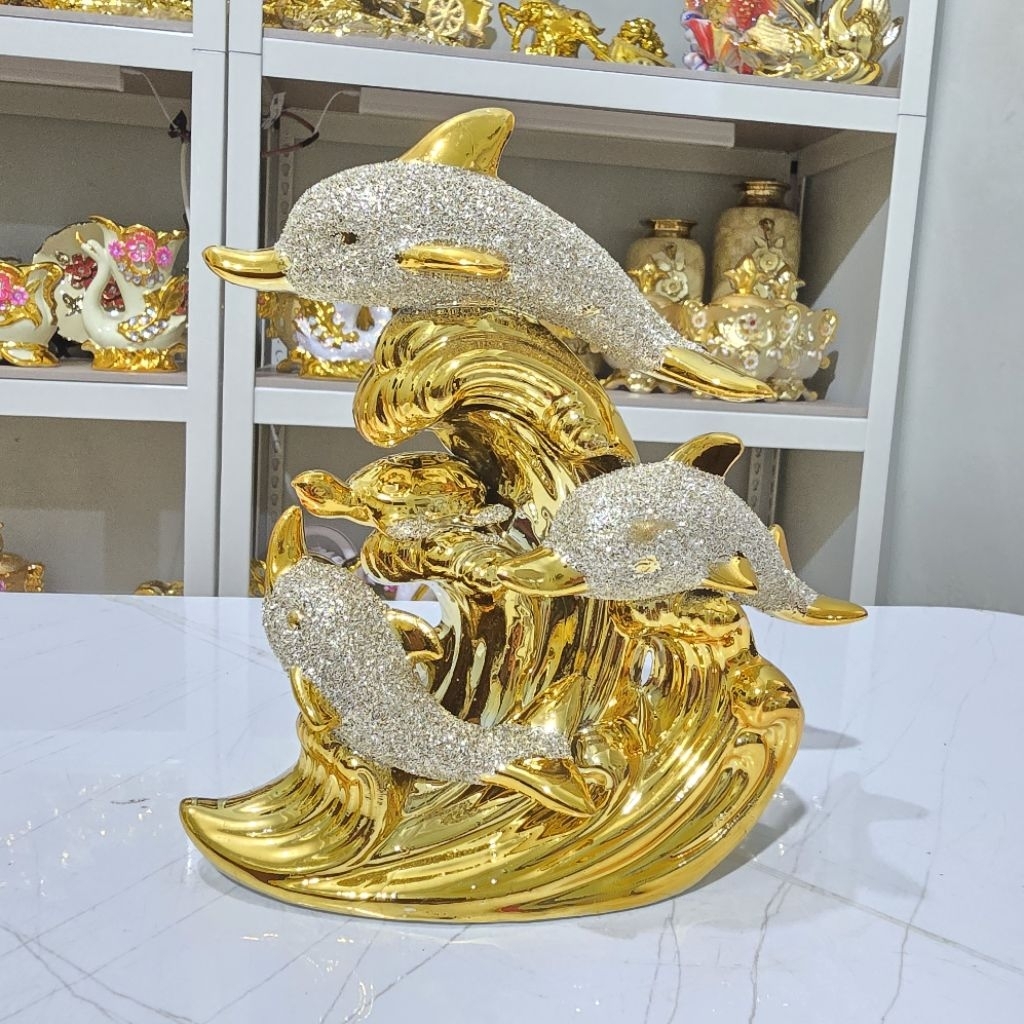 PAJANGAN KERAMIK HIAS IKAN LUMBA GOLD / PAJANGAN KERAMIK HIAS IMPORT / PAJANGAN LEMARI HIAS