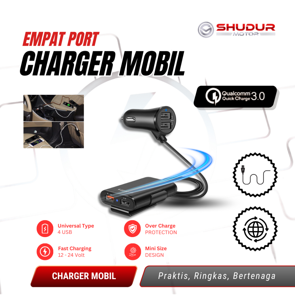 Charger Mobil Fast Charging 3.1A 4 Port USB Qualcomm Quick Charge Teknologi Pengisian Cepat