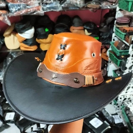 RIVIKER Topi Laken Topi Koboy Pria Kulit Asli
