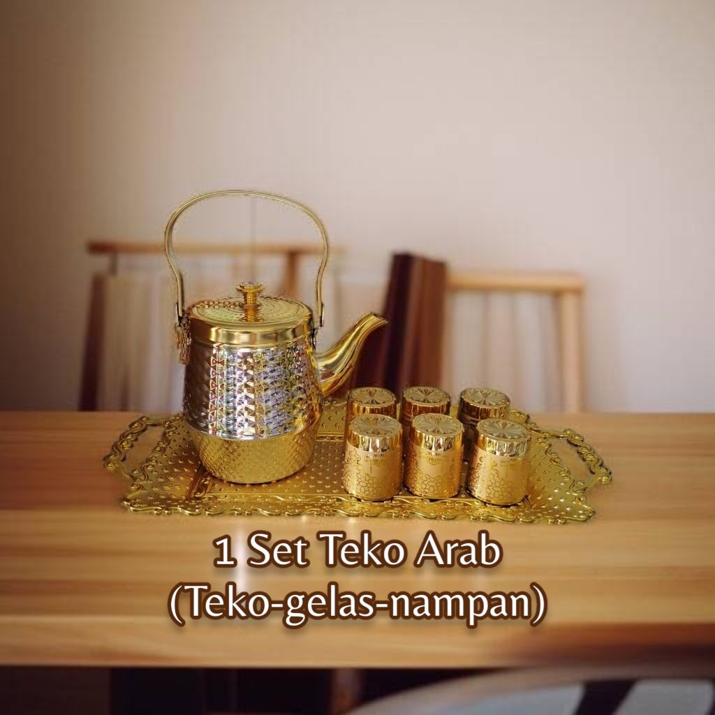 set teko arab gelas dan nampan motif gold