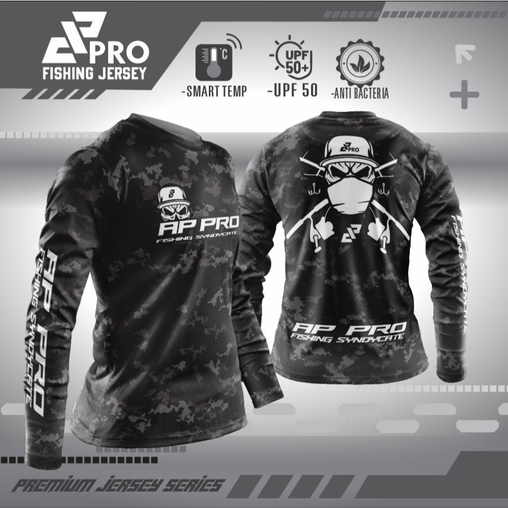 Jersey Mancing Custom Full Print Premium Lengan Pajang AP PRO fishing syndicate CAMOU BLACK