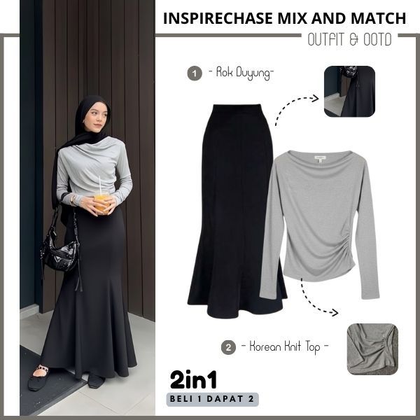 ONE SET APRIL TOP | Atasan Knit Wanita Korea Lengan Panjang Long Sleeve Mix Rok Duyung Scuba - AR40