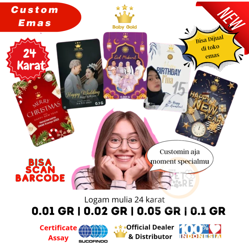 Custom Emas Design Baby Gold Asli Emas Mini 24K 0.01/0.02/0.05/0.1Gram