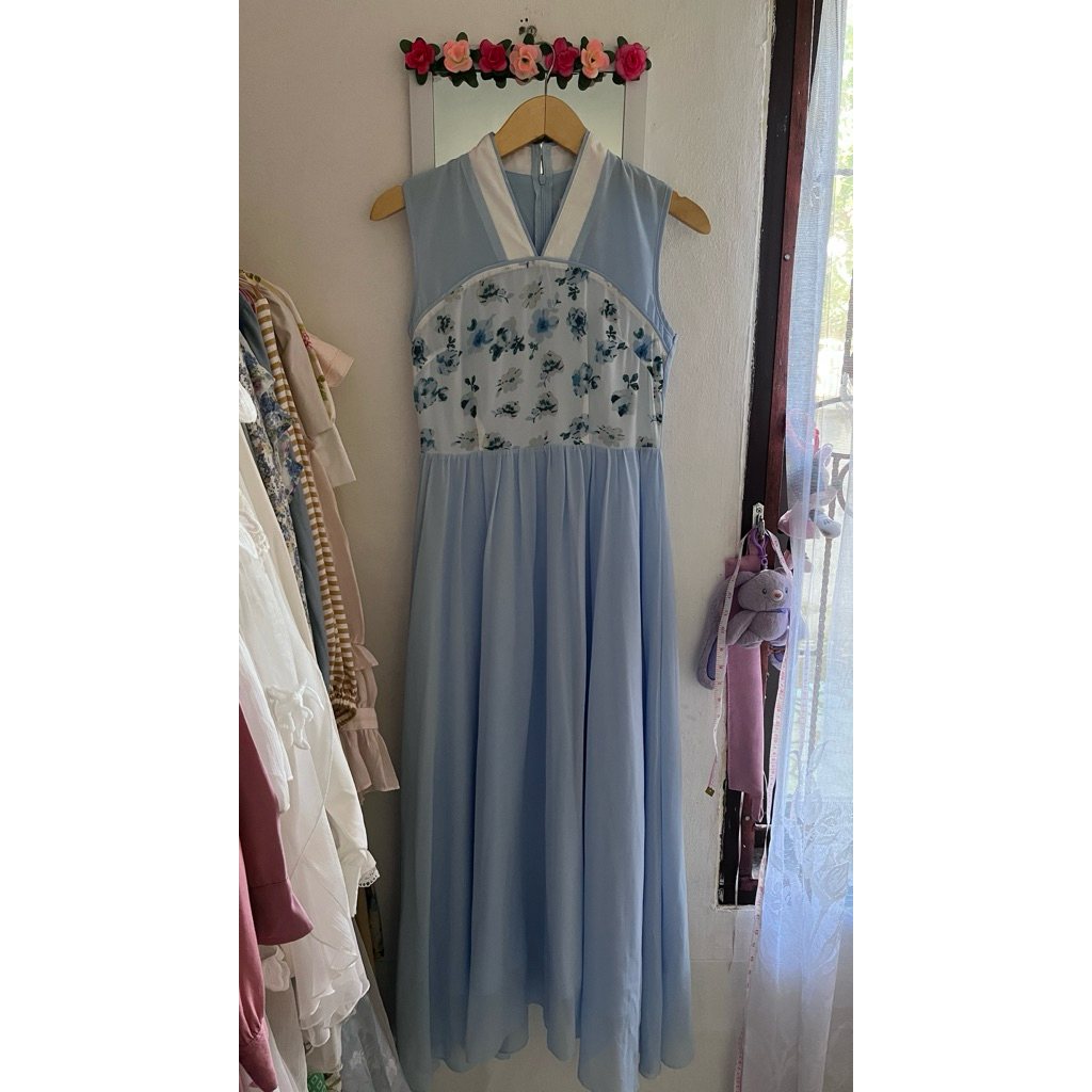 DRESS OL LONG BIRU MUDA PANTAI BUNGA BUNGA BOHE VINTAGE KOREAN STYLE