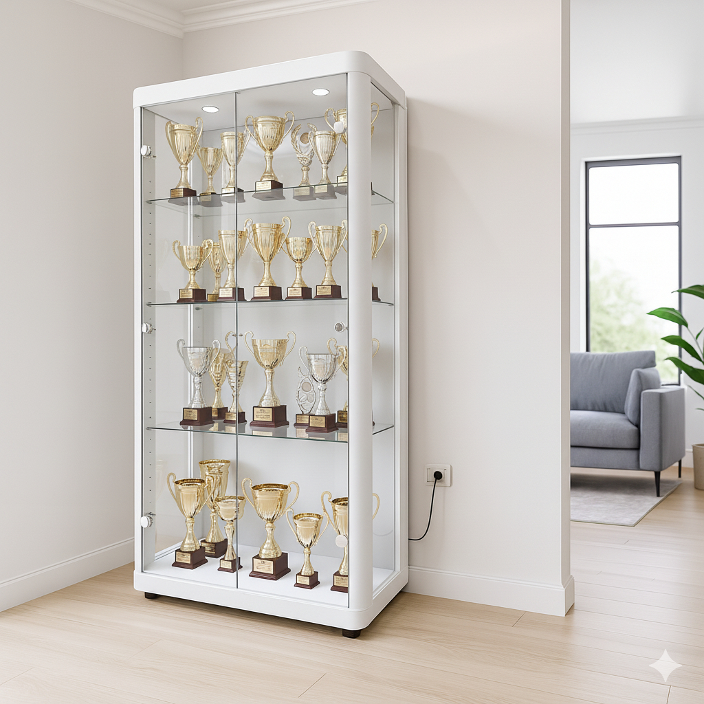 LEMARI RAK PAJANG SHOWCASE KACA KHUSUS PIALA TROPHY MEDALI KANTOR PABRIK READY STOCK MINIMALIS TROPI